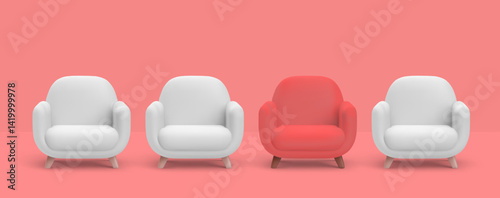 Modern Armchair Design Concept with One Red Chair Standing Out Among White Ones on Pastel Background. Minimalist Interior, Creative Leadership Concept. Vector Illustration.
