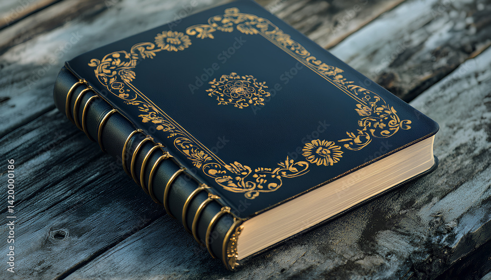 Fototapeta premium Book with golden decor on wooden table over nature background