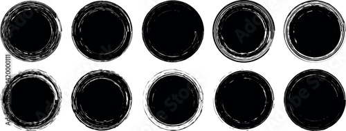 Circles grunge brush shape, paint brushstroke circles pack. Vector brush circle.  Black circle frames. Grunge round shape. Circular ink brush stroke fro design elements. Vector illustration.