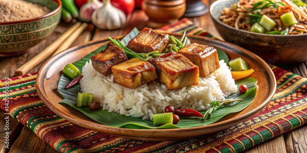 Savory Pan-Seared Cubes Served on a Bed of Steamed Rice with Aromatic Herbs and Spices Savory Pan-Seared Cubes Served on a Bed of Steamed Rice with Aromatic Herbs and Spices