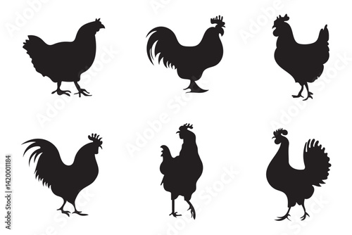 hen or chicken, rooster and chicks silhouette set. hen, rooster and chicks isolated farm animal silhouette icon vector collection