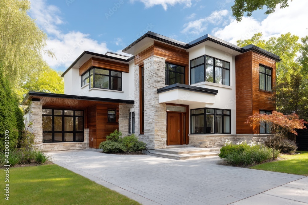 Modern House on lawn with Trees Background for Sale, Rent or Real estate Modern House on lawn with Trees Background for Sale, Rent or Real estate
