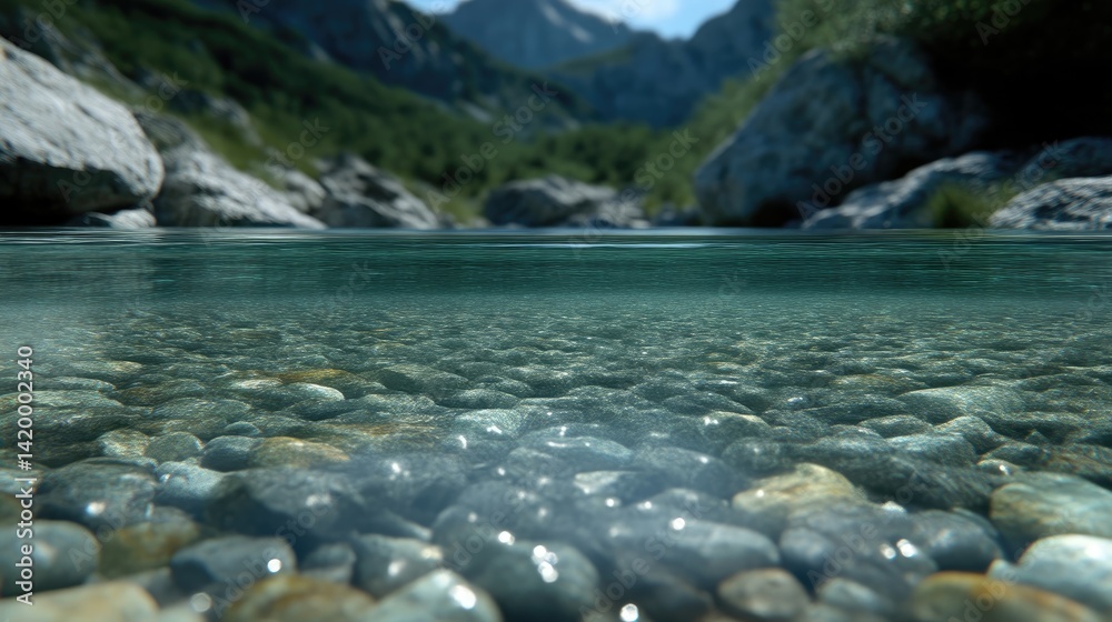 Fototapeta premium Crystal-clear mountain stream, rocks beneath the surface