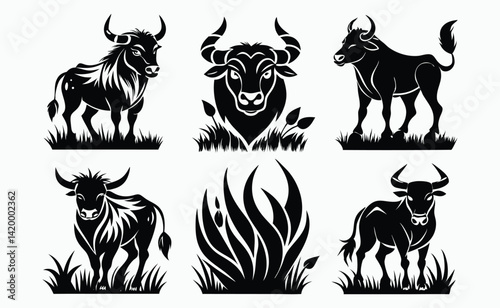 Bull Silhouette Vector Set – Black Animal Silhouettes on White Background – Vector Illustration