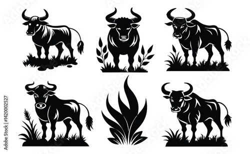 Bull Silhouette Vector Set – Black Animal Silhouettes on White Background – Vector Illustration