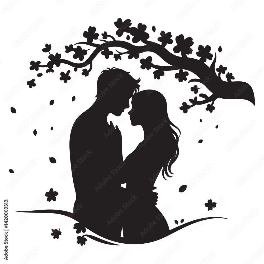 Couple with flowers and shade Vector Black silhouettes. with white background Couple with flowers and shade Vector Black silhouettes. with white background