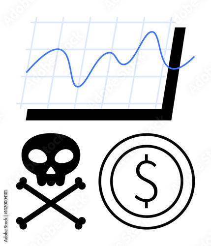 Fluctuating line graph, dollar coin, and skull and crossbones representing financial risk, market volatility, economic threats, business danger. Ideal for finance, economy, risk analysis caution
