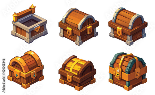 Pirate Treasure Chest Icons – Lock Boxes with Gold – Isolated Vector Set