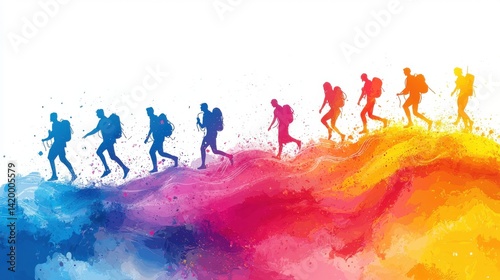 Dynamic Journey of Hikers in Vibrant Colorful Abstract Design
