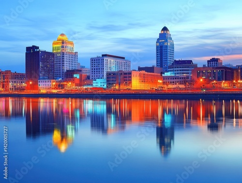 Evansville skyline during the blue hour, with the river reflecting the buildings' soft glow, creating a picturesque evening scene.