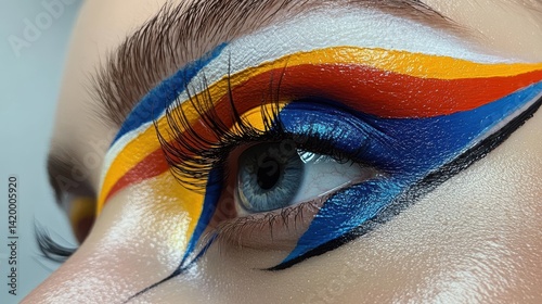 Eye of model with colorful art make-up, close-up