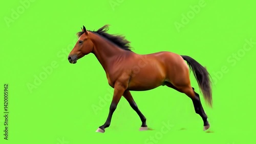 Brown horse galloping on green screen background