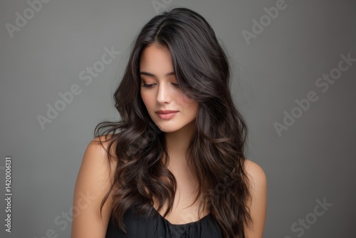 Young woman with long wavy dark hair looking down against grey backdrop. For beauty ads