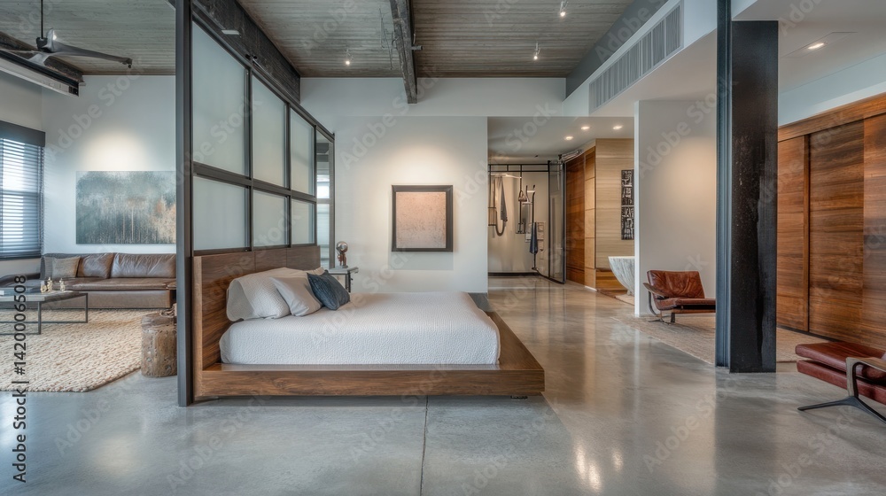 Fototapeta premium Modern bedroom interior with open space and artwork