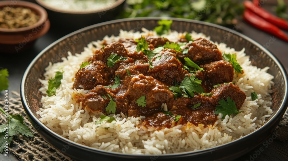 Fragrant spices infused in tender mutton, accompanied by fluffy basmati rice, creating a perfect aromatic dish that promises both flavor and satisfaction Fragrant spices infused in tender mutton, accompanied by fluffy basmati rice, creating a perfect aromatic dish that promises both flavor and satisfaction