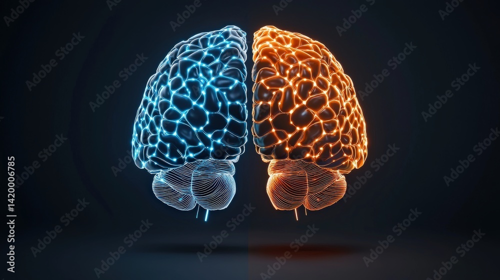 Fototapeta premium A digital illustration of two brains, one blue and one orange, symbolizing creativity and logic, set against a dark background.