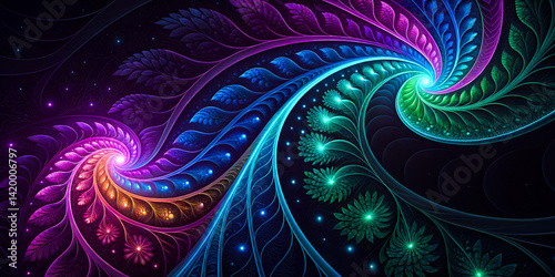 Abstract fractal design featuring a blue spiral pattern with swirling light waves