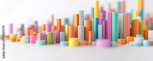 A vibrant arrangement of colorful cylindrical shapes, resembling a lively cityscape of abstract buildings, crafted with a playful design.