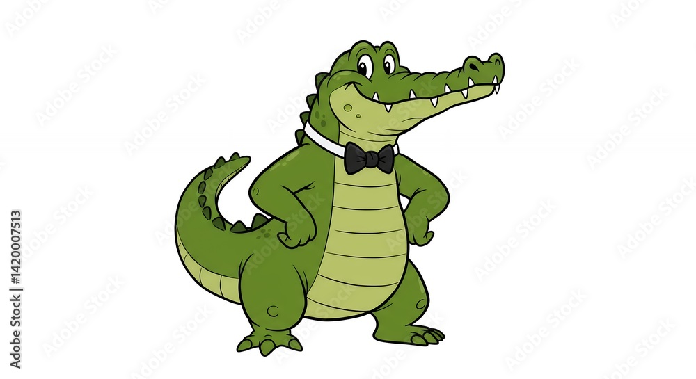 Obraz premium Friendly cartoon crocodile illustration happy green reptile wearing bow tie
