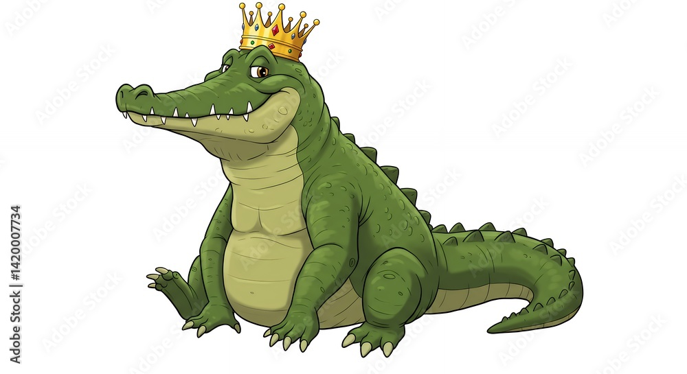 Fototapeta premium Jolly green crocodile cartoon illustration wearing crown