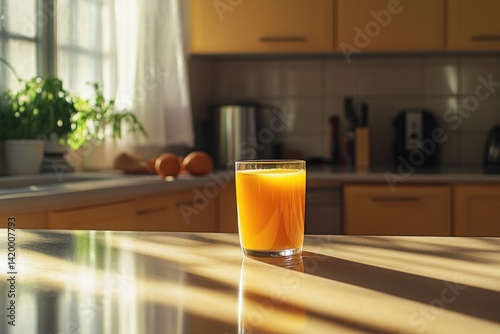 Full glass of orange juice on a sunlit kitchen counter, evoking a refreshing and homely atmosphere, perfect for a morning breakfast scene.