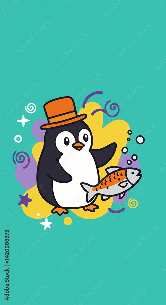 Obraz premium Cartoon Penguin Presenting Fish with Hat against Colorful Background