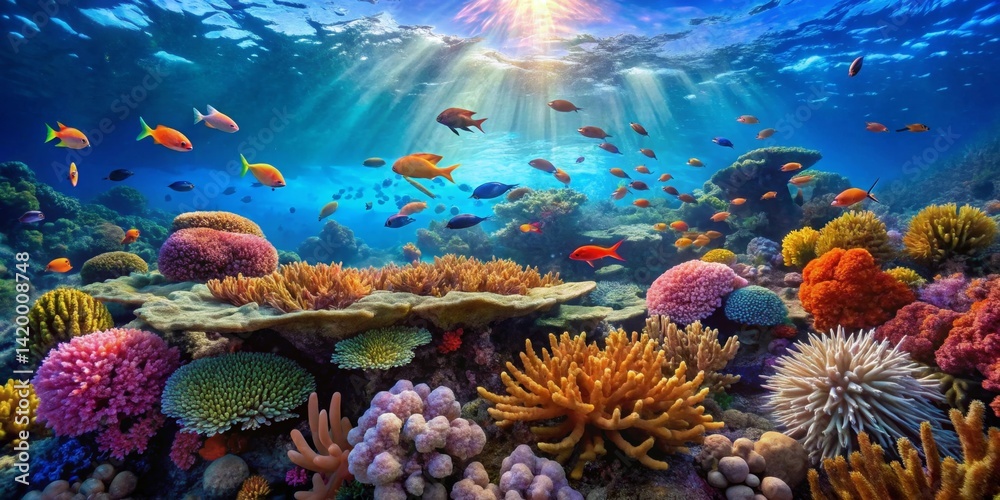 Naklejka premium Vibrant Reef Ecosystem Sunlit Underwater Scene Showcasing Diverse Coral Formations and Colorful Fish Species