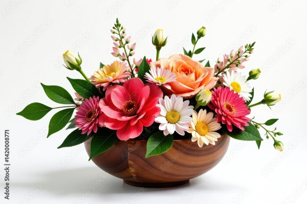 Obraz premium Whimsical floral arrangement in a wooden bowl, rustic, whimsical