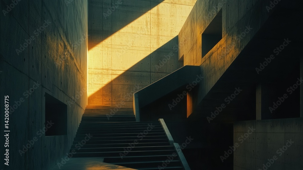 Fototapeta premium Staircase leads up inside a modern building with concrete walls and light
