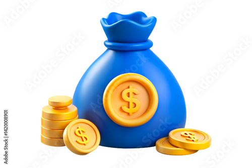 A blue money bag with dollar sign next to stacks of gold coins backgroundisolated on transparent background