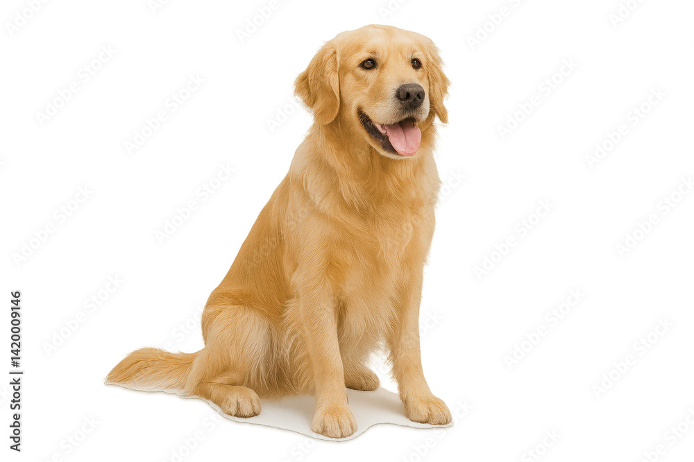 Happy Golden Retriever Sitting on a Simple White Mat with Smile Happy Golden Retriever Sitting on a Simple White Mat with Smile