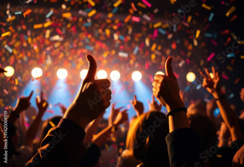 Pulgares arriba rodeados de confeti en una fiesta