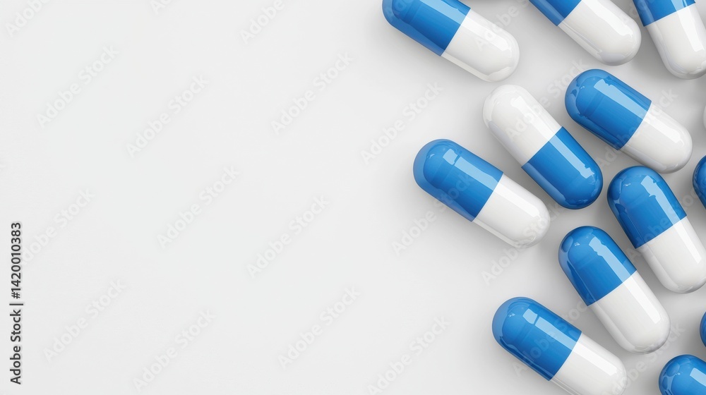 A collection of blue and white capsules arranged on a light background, suggesting a medical or pharmaceutical context. A collection of blue and white capsules arranged on a light background, suggesting a medical or pharmaceutical context.