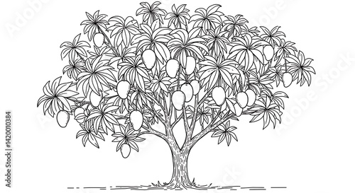Mango Tree Outline with Mangoes and Leaves