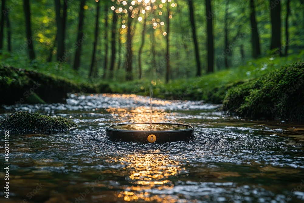 Fototapeta premium Stream flows through a green forest with sunlight filtering through the trees.