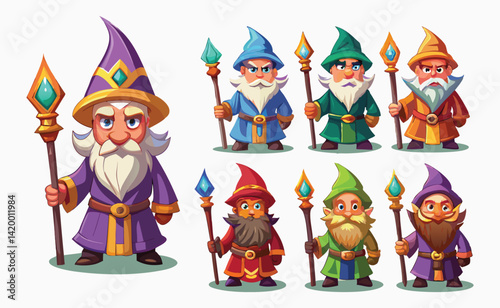 Magician Cartoon Character Set – Purple Green Wizard with Staff – Fairy Tale Fantasy Game Illustration