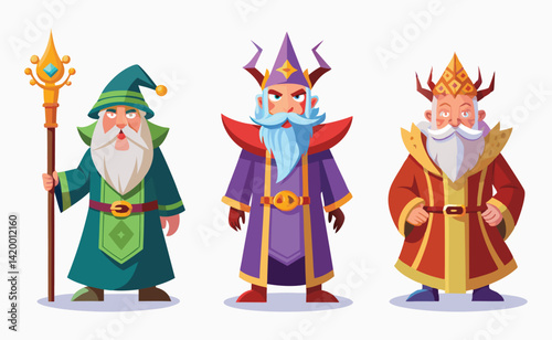 Magician Cartoon Character Set – Purple Green Wizard with Staff – Fairy Tale Fantasy Game Illustration