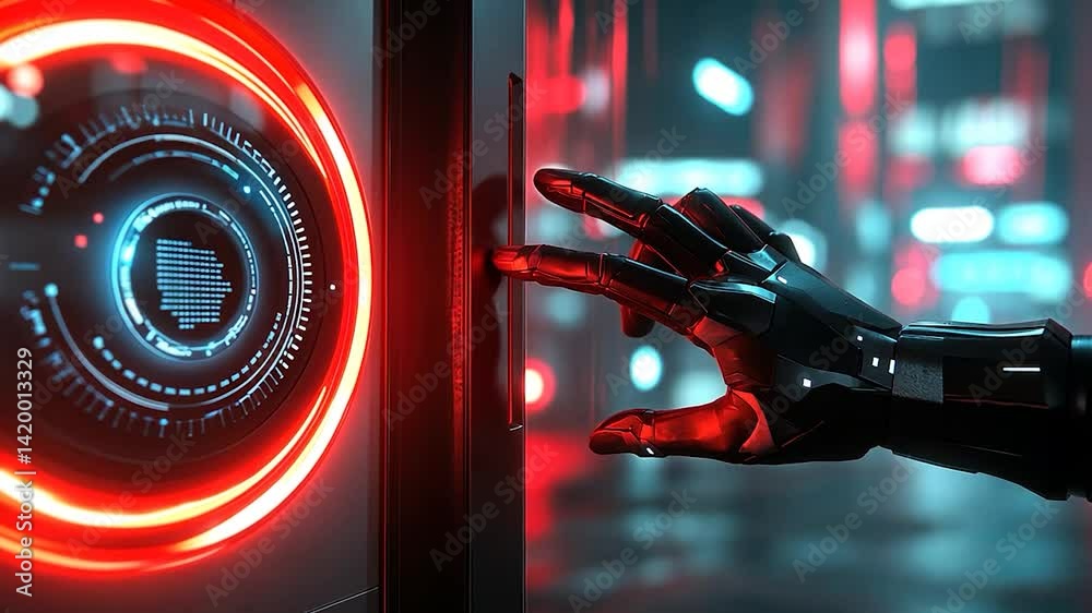 Futuristic robot hand accessing secure digital interface in urban night setting