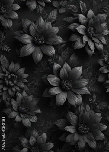 Abstract charcoal floral design; dark seamless botanical wallpaper, floral, interior