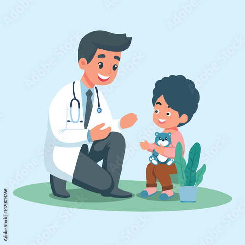 Doctor and patient flat vector, healthcare consultation illustration, medical checkup scene, hospital visit, cartoon doctor, clinic appointment concept, healthcare vector art design