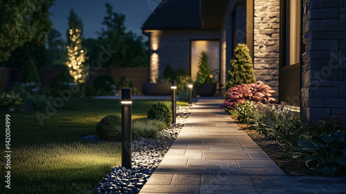 Stylish landscape lighting in front yard of modern house using energy-efficient solar bollards