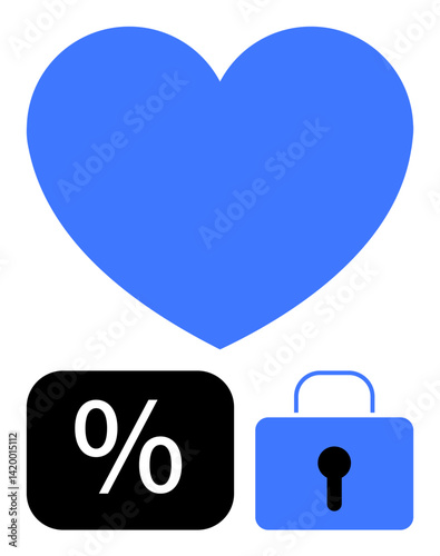 Blue heart above black percentage symbol and locked padlock, suggesting trust, confidentiality, protection, and value. Ideal for banking, insurance, health love security trust loyalty. Flat