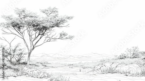 Wallpaper Mural Monochrome Landscape Sketch With Isolated Tree Torontodigital.ca
