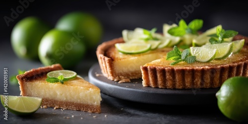 Slice of key lime pie and whole pie on grey backdrop served for dessert