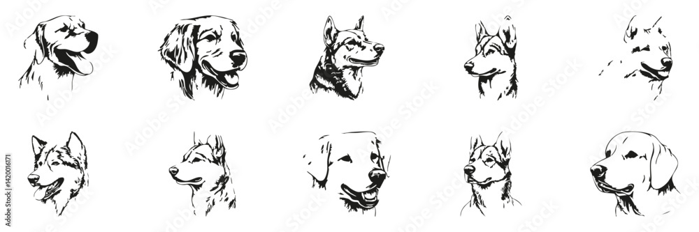 Naklejka premium Dog Breed Head Sketches Silhouette Set. Artistic Canine Portraits For Design And Decoration. Isolated Vector Illustration Collection