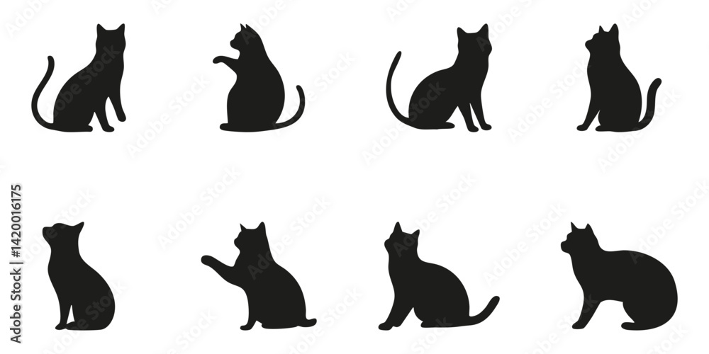 Cat Silhouettes In Various Poses Set. Feline Behavior And Posture Collection Isolated Vector Illustration