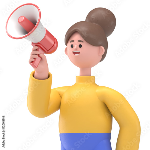 3D illustration of Asian woman Angela doing announcement with loudspeaker.Supports PNG files with transparent backgrounds.