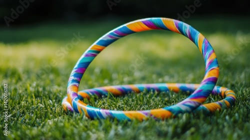 Obraz na płótnie A high-resolution close-up of a colorful hula hoop resting on a grassy field, with vibrant stripes and a smooth texture, ready for fun and exercise. w salonie