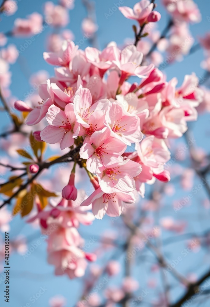 Fototapeta premium Full bloom sakura tree, delicate pink and white petals against a clear sky, nature, soft, serene