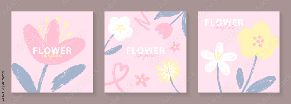 ラフなタッチのパステルカラーの花のイラストテンプレート2 ラフなタッチのパステルカラーの花のイラストテンプレート2